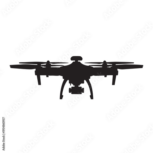 Black silhouette of quadcopter drone with camera isolated on white background