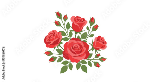 A vibrant bouquet of roses with lush green leaves and buds on display