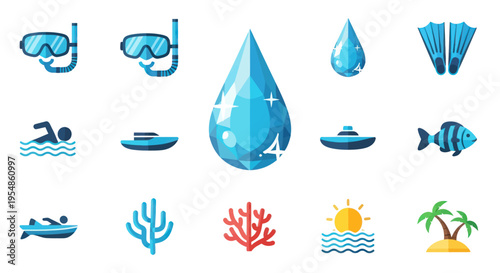 scuba diving icons set, snorkeling, ocean, water drop