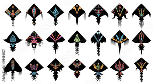 Fotografía colorful kite designs, kite patterns, black kite silhouettes