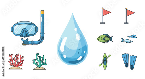 scuba diving icons set, snorkeling and ocean elements