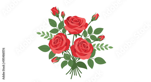 A bouquet of roses with green leaves and buds in full bloom