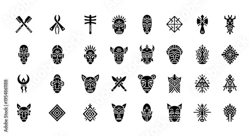 Tribal mask and symbol icons set
