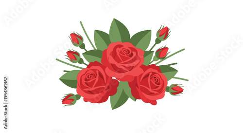 A vibrant floral arrangement of red roses and green leaves on display