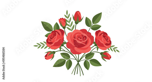 A vibrant bouquet of roses with green leaves and red buds on stems