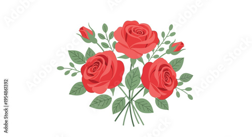 A bouquet of red roses with green leaves is beautifully illustrated