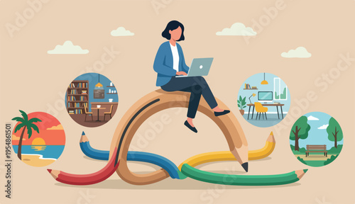 Flexible work, remote work anywhere anytime, employee choice to choose time and location for productivity and creativity concept, cheerful woman enjoy working with computer laptop on flex bent pencil.