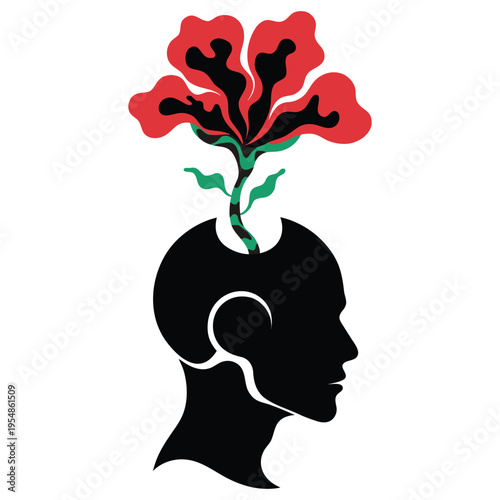 Minimalist illustration of a human head with a flower growing out of it Melancholic