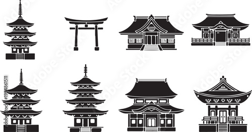 Black and white of traditional pagodas and houses with multiple tiers traditional architecture
