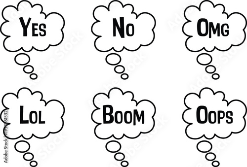 A collection of six black and white speech bubbles containing various short text expressions icons