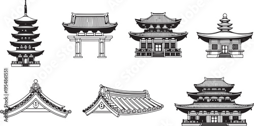 Black and white of various pagoda style buildings temple tower spire roof desig