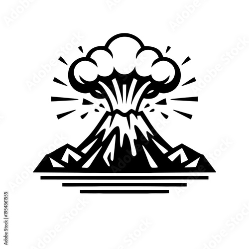 Dynamic Black and White Stylized Illustration of a Majestic Volcano Undergoing a Powerful Eruption, Showcasing Nature's Raw Force and Geological Grandeur with Intense Smoke Plumes and Explosive Energy