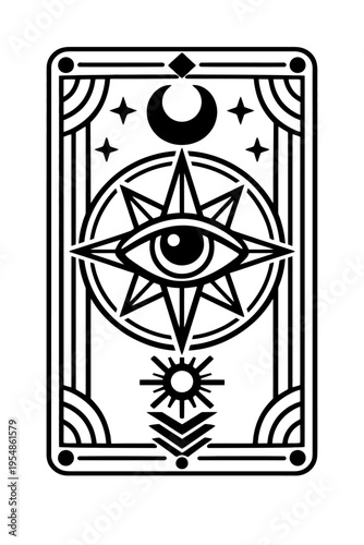 Esoteric All-Seeing Eye Tarot Card Design with Celestial Sun, Moon & Stars. Sacred Geometry & Occult Symbolism for Spiritual Enlightenment, Cosmic Awareness, Protection, Divination & Intuition. Mystic