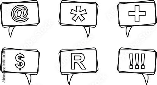 A collection of six rectangular speech bubbles containing various common symbols and characters