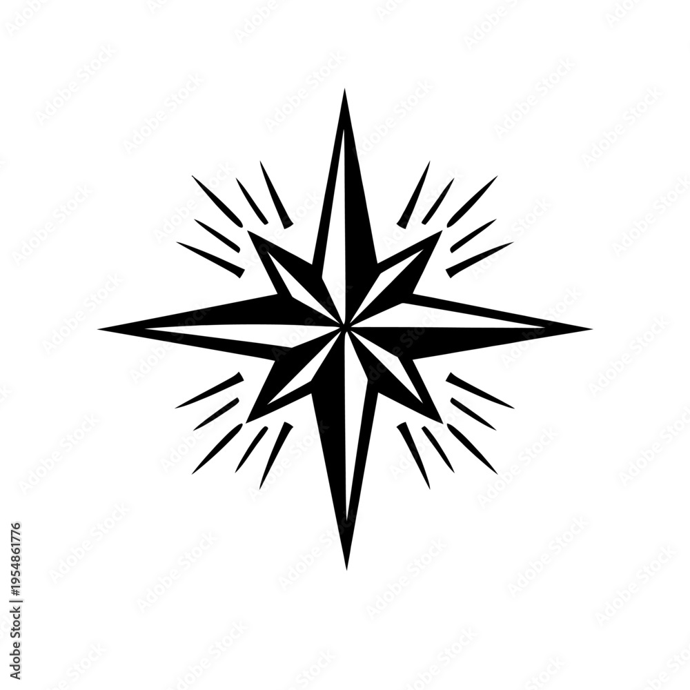 Obraz premium Elegant Black & White Compass Rose Icon: A Stunning Vector Symbol of Navigation, Direction, and Adventure. Perfect for Travel, Maritime, or Exploration Designs. Classic Nautical Star Graphic with Intr