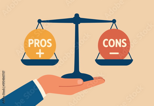 Pros and cons comparison, advantage and disadvantage evaluation, choice decision making, weighing between good or bad reason, assessment concept, pro and con elements on equilibrium balance