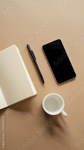 A clean, minimalist flat lay photograph of a modern workspace arranged on a warm beige background.
