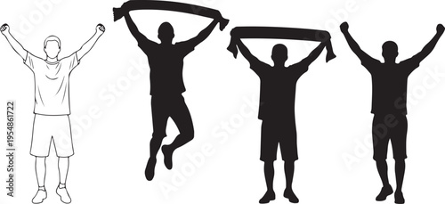 Four silhouettes of people in various triumphant poses against a white background black color