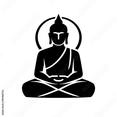 Serene minimalist black silhouette icon of Buddha meditating in Padmasana lotus pose with an elegant halo, embodying peace, wisdom, enlightenment, spiritual journey, mindfulness, yoga, and inner harmo