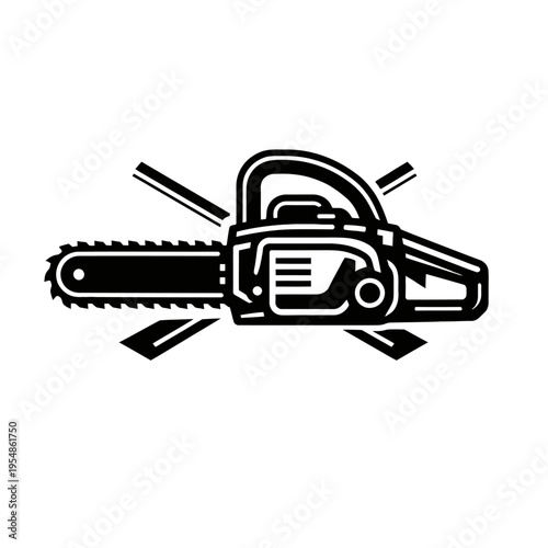 Chainsaw icon for forestry, lumberjack, woodcutting, tree service, land clearing. Ideal for power tool branding, garden equipment, construction logos. Symbolizes strength, efficiency, rugged utility i