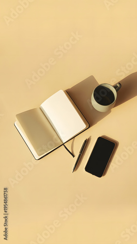 A clean, minimalist flat lay photograph of a modern workspace arranged on a warm beige background.