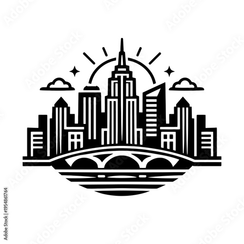 Iconic black and white cityscape featuring towering skyscrapers, a majestic arched bridge, and a radiant sunburst amidst urban clouds, symbolizing growth, innovation, and metropolitan grandeur in a sl