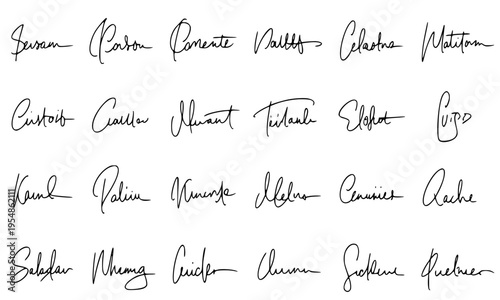 Collection of Handwritten Cursive Signatures and Autographs in Various Calligraphic Script Styles on White Background for Business, Legal and Personal Identity Design Concepts