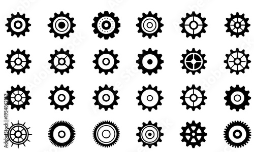
Collection of Black Gear and Cogwheel Icons in Various Mechanical Styles with Detailed Teeth and Inner Circle Patterns, Engineering and Industrial Settings Symbol Set for Technology and Machine