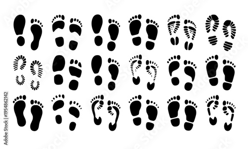 Collection of Black Footprint and Shoe Print Icons Including Bare Feet, Boot Prints and Sneaker Tracks in Silhouette Style for Walking, Travel and Identity Design Concepts