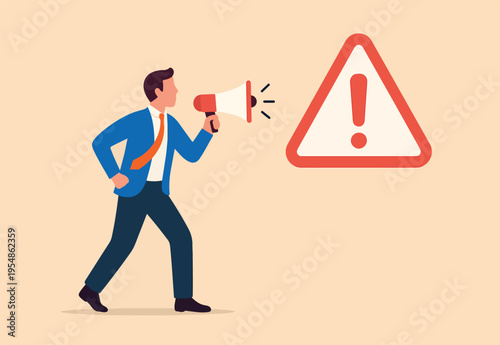 Warning message, shouting alert or danger warning, important message on loud speaker, emergency attention, safety or urgency scream concept, businessman shouting on megaphone with exclamation point