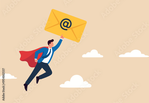 Email communication, marketing campaign from subscription, sending message or information concept, businessman superhero carrying big email envelope flying to recipient address