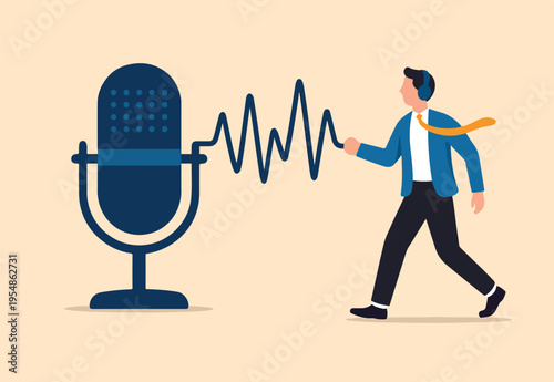 Podcast listening, microphone broadcasting with knowledge learning, personal development or voice communication to success concept, businessman walking on sound wave from podcasting microphone