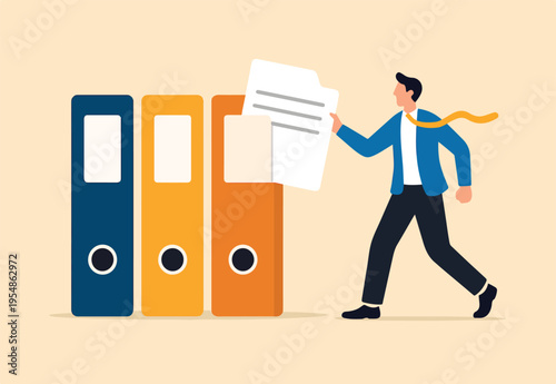 Organize files folder or archive document to be index, administration work, plan or file management, arrange online data or paperwork concept, businessman organize document file into archive folders