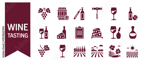 wine tasting icon set featuring grapes, barrels, corkscrews, bottles, glasses, cheese, decanters, and vineyards, flat vector illustration, winery tours,elegant beverage design elements for print 