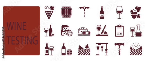 wine tasting icon set featuring grapes, barrels, corkscrews, bottles, glasses, cheese, decanters, and vineyards, flat vector illustration, winery tours,elegant beverage design elements for print 