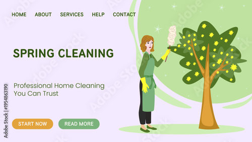 Spring cleaning landing page with woman cleaning tree. Flat vector illustration for home service website, housekeeping, eco cleaning and seasonal advertising design.