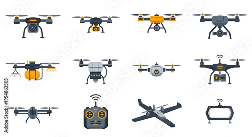 Collection of Professional Drone Icons and Unmanned Aerial Vehicle (UAV) Set for Agriculture, FPV Racing, and Surveillance