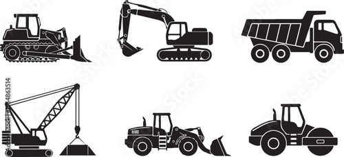 Black and white of various heavy construction vehicles and equipment heavy equipment dump truck desi