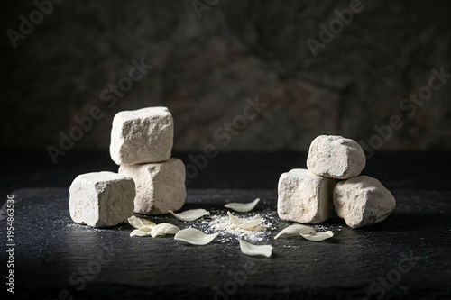 Natural White Clay Cubes with Petals on Dark Slate Background