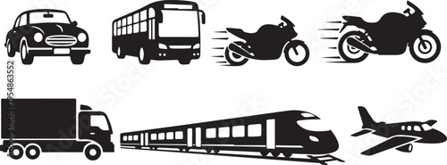 Black and white of various vehicles and airplane truck motorcycle bicycle desig