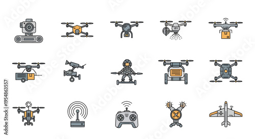 Drone and Unmanned Aerial Vehicle (UAV) Vector Icon Set for Technology, Delivery, and Surveillance