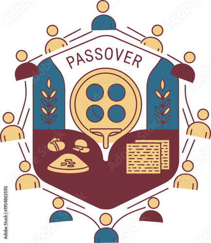 Illustration of a Passover logo with traditional symbols including matzah, charoset, and a plate