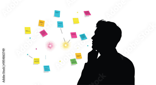 man thinking with colorful sticky notes