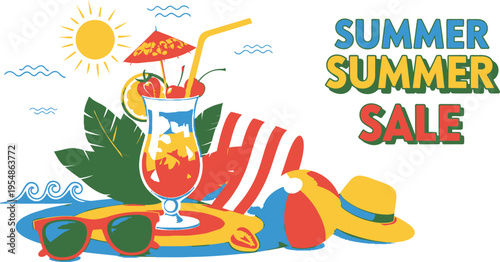 A colorful summer sale illustration featuring a tropical cocktail with umbrella and straw, sunglasses, hat, and inflatable raft on a beach background with sunny weather.