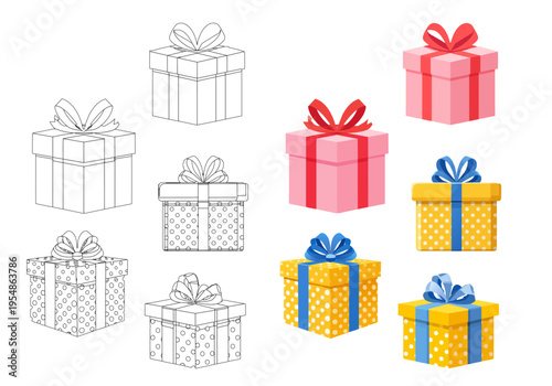 プレゼントボックスのイラストセット（カラーと線画のバリエーション）