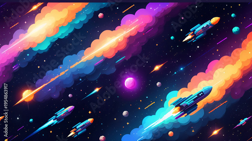 Pixelated Space Scene with Moving Comets and Colorful Nebula in Retro Video Game Style