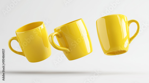Three bright yellow mugs are floating in the air against a clean white background, creating a sense of motion and lightness