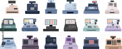 Cash register and POS system collection vector illustration featuring retail checkout machines modern vintage cashier equipment store technology set