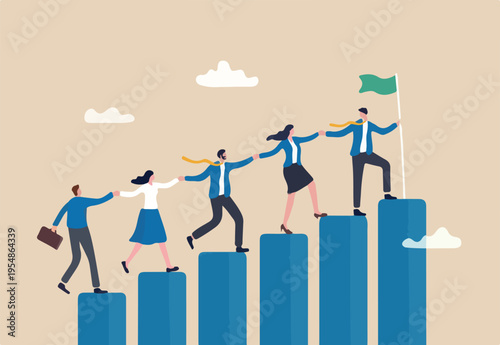 Teamwork to success together, employee career path or partnership support to help business growing, team collaboration or mentor and training concept, business people help team climbing grow