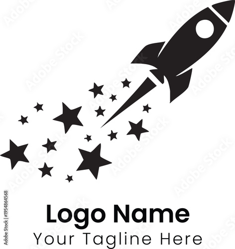 A rocket ship blasts off into space with stars trailing behind it.